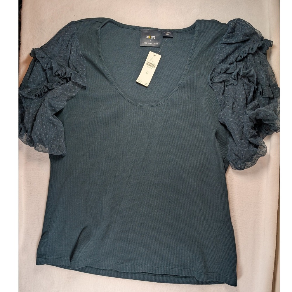 Maeve Anthropologie Womens XL Green Ribbed Ruffle Swiss Dot Mesh‎ Sleeve Top NWT